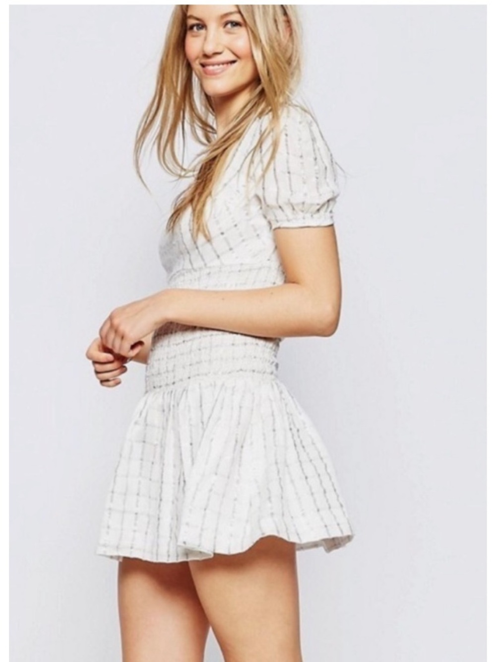 Anthro Family Affairs Mini Dress Smocked White Metalic Silver